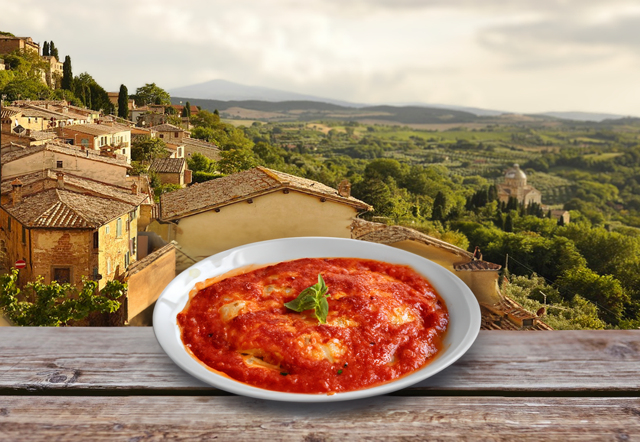 View if Pappa al Pomodoro on table over looking Tuscany